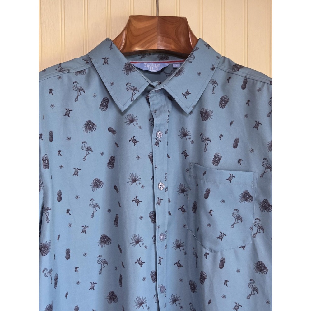 Tackle & Tides Shirt Mens Large Blue Short Sleeve‎ Button Up Hawaiian Flamingo
